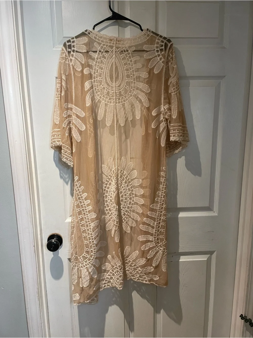 Rebellion Beige Sheer Embroidered Kimono Duster Medium
